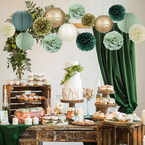 zilue Paper Lanterns and Paper Pom Poms Sage Green Party Decorations 15pcs - Image 6