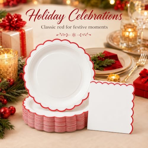50 Pcs Red and White Paper Plates and Napkins, 7 Inch Disposable Scalloped Plates & Napkins Party Supplies Cake Dessert Plate Tableware for Baby Shower Bridal Shower Wedding Birthday - Image 7