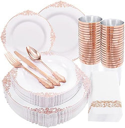 Morejoy 175PCS Rose Gold Plastic Plates & Disposable Dinnerware Sets by Morejoy