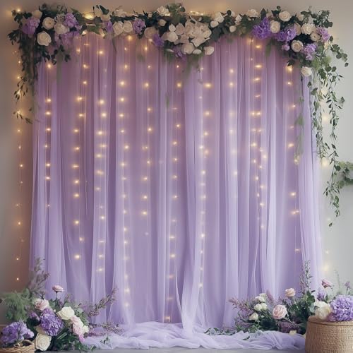 Lavender Tulle Backdrop with Fairy Lights for Parites Wrinkle-Free Sheer Curtain Drapes Photo Back Drop for Wedding Baby Shower Bridal Shower Birthday Dance Home Décor- 10ft×8ft, Lavender by HOLITS