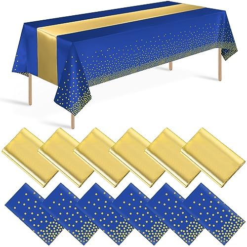 12 Pack Blue and Gold Tablecloth and Table Runner Party Decorations, Royal Blue and Gold Plastic Disposable Tablecloth and Satin Table Runner for Wedding Birthday Bridal Graduation Anniversary Party by Zachely