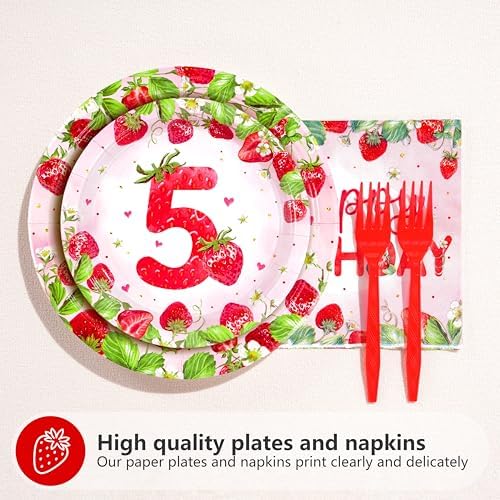 Greencian 96Pcs Strawberry 5th Birthday Party Decorations Serves 24 - Image 2