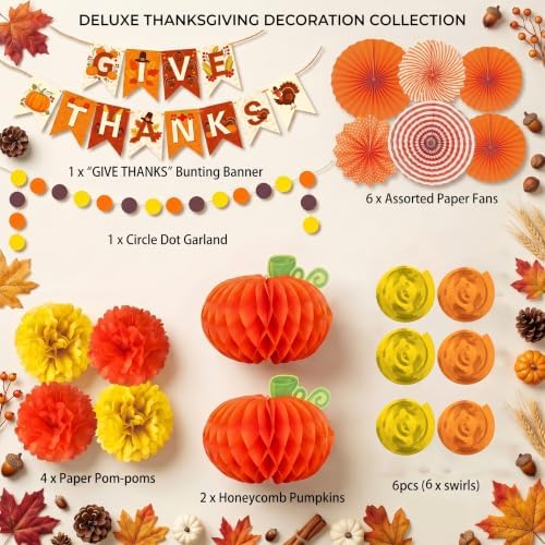 Thanksgiving and Friendsgiving Party Decorations Set, Autumn Fall Harvest Decor Supplies with Festive Banners, Hanging Swirls and Seasonal Ornaments for Home Celebration - Image 2
