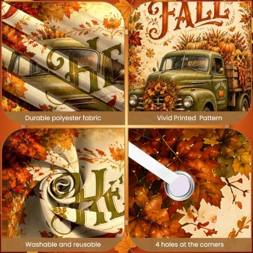Hello Fall Door Banner 35 x 71 Inch Autumn Front Door Hanging Cover with Green Farm Truck Pumpkins Sunflower Maple Leaves Backdrop Design for Indoor Outdoor Farm Harvest Thanksgiving Party Supplies - Image 3