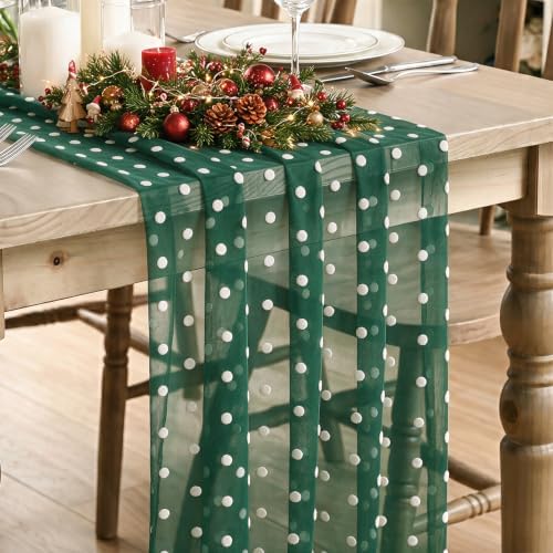 Artoid Mode Green Gauze White Flocking Dots Table Runner 10FT, Christmas Sheer Dining Table Decor for Wedding Anniversary Holiday Birthday Home Party by ArtoidMode