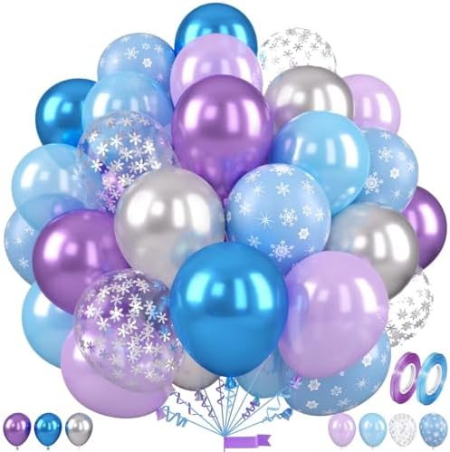 Frozen Balloons, 12 Inch Blue and Purple Balloons, Metallic Silver Blue Frozen Print Snowflake Confetti Balloon for Girls Woman Ice and Snow Winter Theme Birthday Party Decorations by Saxuxu