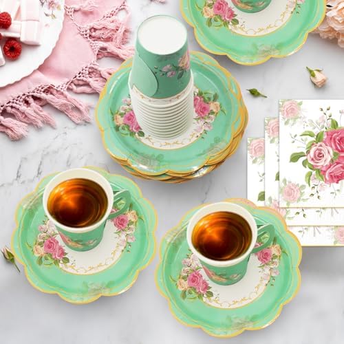 200Pcs Floral Tea Cups and Saucers for Tea Party Supplies, Disposable Tea Cups with Handle and Paper Napkins Dinnerware for Floral Theme Birthday Wedding Bridal Shower Baby Shower(Green) - Image 5