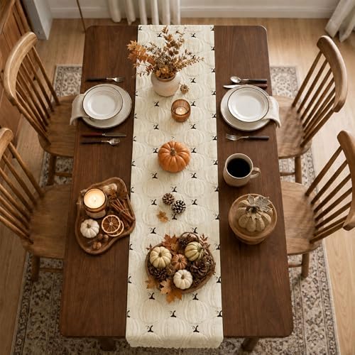 Fall Table Runner 13x120 Inch Soft Plush Faux Fur Jacquard Beige Pumpkin Table Runner, Seasonal Autumn Kitchen Dining Table Decoration for Home Party Decor ZR010A120 - Image 4