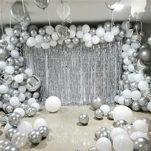 Silver and White Balloons, 12 Inch Metallic Silver White Latex Balloons Set Decor with Silver Confetti Helium Balloons for Boys Girls Birthday Party Baby Shower Wedding Graduation Party Decorations - Image 4