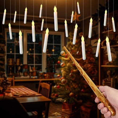 Raycare 20 Pcs Floating Candles with Wand, Magic Hanging Candles Flameless, Flickering LED Taper Candle with Wand Remote, Warm Light, Battery Operated Window Candle for Halloween Witch Wizzard Decors by Raycare