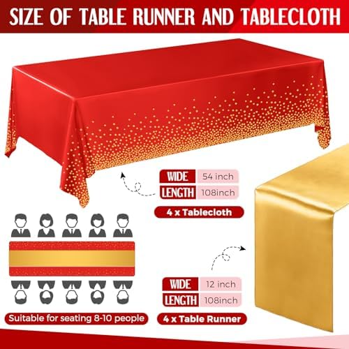 Breling 8 Pack Red and Gold Tablecloths and Satin Runners Set - Image 2