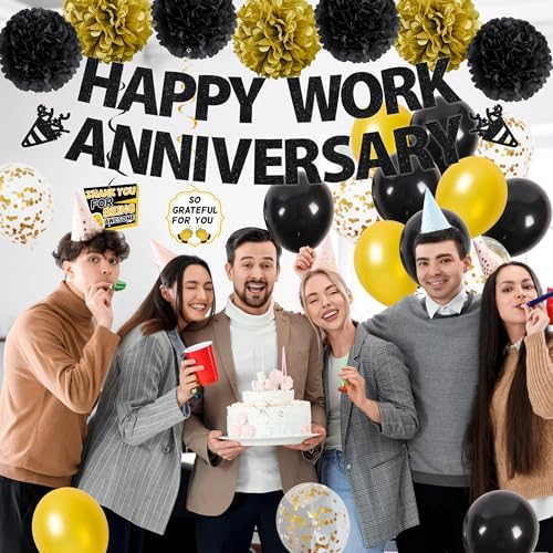 Happy Work Anniversary Decorations Banner, Black Gold Work Anniversary Set - Image 6