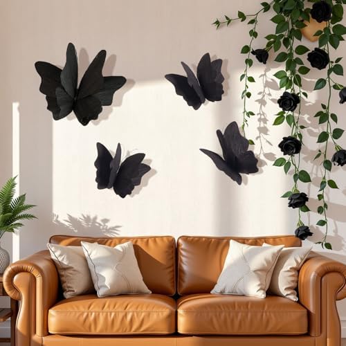 Party Butterfly Decorations, Black 3D Butterfly Birthday Decoration, 4 Pcs Crepe Paper Hanging Decor for Room, School, Black Theme, Flower Party for Garden, Dining Table Decor - Image 4