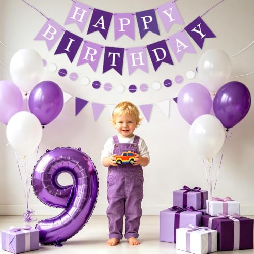 Purple Happy Birthday Banner Hanging Sign Circle Dot Triangle Bunting - Image 4