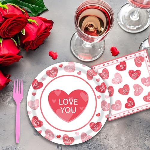 96 Pieces Valentine’s Day Tableware Set – Red and Pink Heart Message Disposable Plates, Napkins, Forks For Valentine’s Parties, Weddings, Anniversaries, Romantic Dinners – Serves 24 Guests - Image 6
