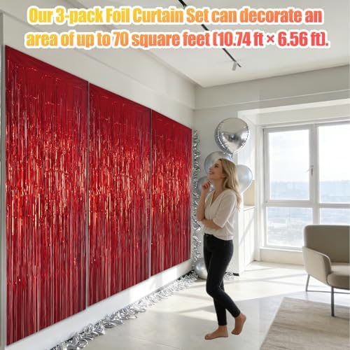3 Pack 3.28ft x 6.56ft Red Metallic Tinsel Foil Fringe Curtains, Photo Booth Backdrop Party Decorations for Birthday Wedding Baby Shower Graduation Valentines Day New Years - Image 3