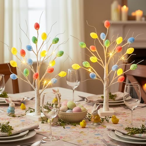 Vanthylit Easter Decorations, 2 Pack Lighted Easter Tree Battery Operated with Timer, 22 Inch LED Birch Tree with 36 Egg Ornaments Indoor Tabletop Centerpiece Light for Home Decor - Image 6