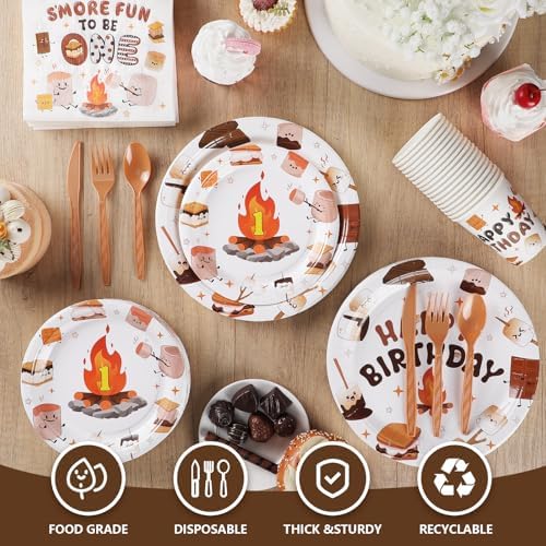 Yungyan 252 Pcs S'mores Camping Birthday Party Tableware Set Included Plates Napkins Cups Forks Knives Cutlery for Party Decorations Supplies 36 Guests - Image 3