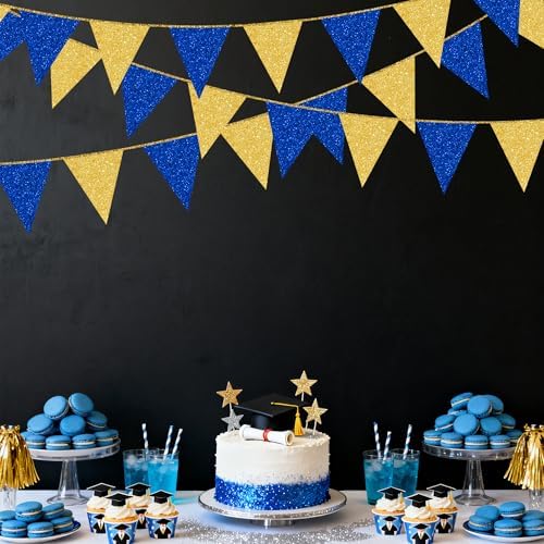 Royal Blue Gold Party Decorations Pennant Banner Flag Glitter Navy Blue and Gold Triangle Hanging Bunting for Birthday Graduation Bridal Shower Wedding Bachelorette Nautical Ahoy Achor Party Supplies - Image 7