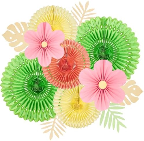 SUNBEAUTY Paper Flowers Pink and Green Party Decorations Hanging Fans Spring Summer Decor for Wall Wedding Backdrop Bridal Shower Birthday - 9Pcs by SUNBEAUTY
