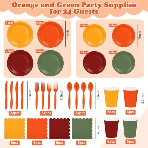 168 Pcs Fall Party Plates and Napkins Set, Orange and Green Party Decor - Image 2
