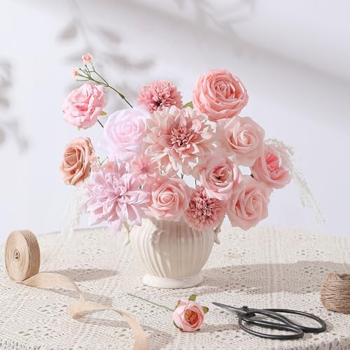 Floweroyal Artificial Flowers Fake Rose Flowers Dahlia with Stems for DIY Wedding Bridal Bouquets, Baby Shower, Floral Arrangement, Table Centerpieces, Home Decorations (Nude Color) - Image 5