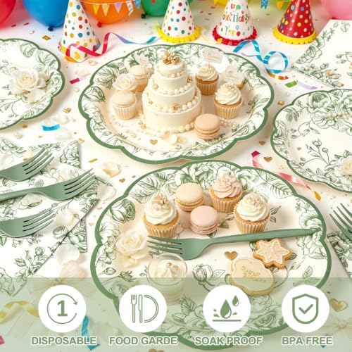 120Pcs Sage Green Floral Plates and Napkins Set for Wedding Bridal Shower - Image 2