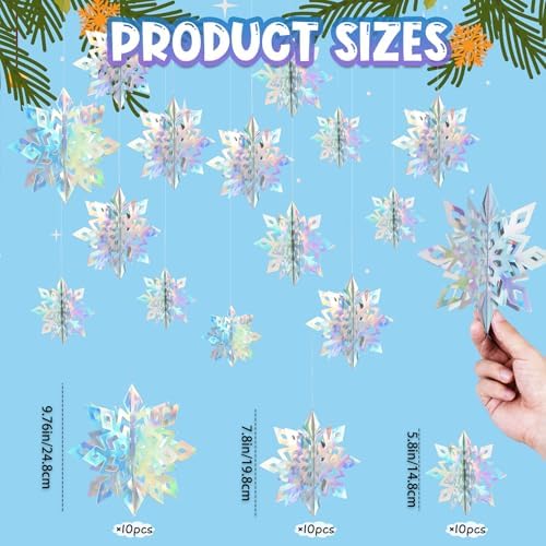 Paper Christmas Snowflake Hanging Decorations Indoor, Iridescent, 30Pcs - Image 3