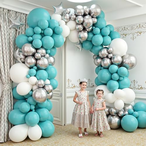 412Pcs Teal Silver White Balloon Garland Arch Kit, 18 12 10 5 Inch Different Size White Metallic Silver Teal Balloons Balloons,for Birthday Party Graduation Baby Shower Wedding Holiday Decoration - Image 7