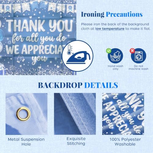 Appreciate You Banner Decorations, Blue Silver Thank You for All You Do Backdrop Banner, Reusable Anti-Tear Fabric Background with 6-Meter Hanging Rope, Office Employee Staff Teacher Appreciation Party Supplies 71x43Inch - Image 3