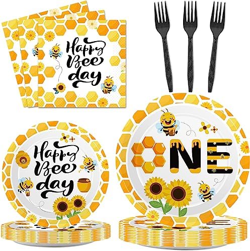 Qyeahkj 100 Pcs Bee 1st Birthday Party Supplies Paper Plates and Napkins Set Disposable Bee First Birthday Tableware Decorations for Bees Theme Baby Shower Serves 25 by Qyeahkj