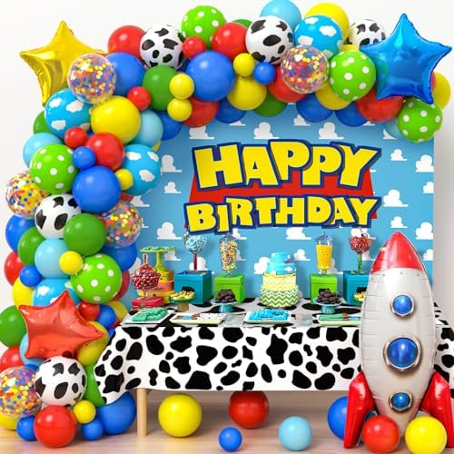 Winrayk 154Pcs Toy Inspired Story Birthday Party Decorations Supplies for Kids Teen, Balloon Arch with Backdrop Tablecloth Cow Print Balloons Star Rocket, Cartoon Game Girls Boys Birthday Party Decor by Winrayk