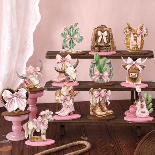 Wesiti 12 Pcs Cowgirl Party Decorations for Table Western Cowgirl Table Decorations Coquette Wooden Bownot Boot Hats Centerpiece Tabletop Decor for Tiered Tray Decor Bachelorette Favor - Image 4