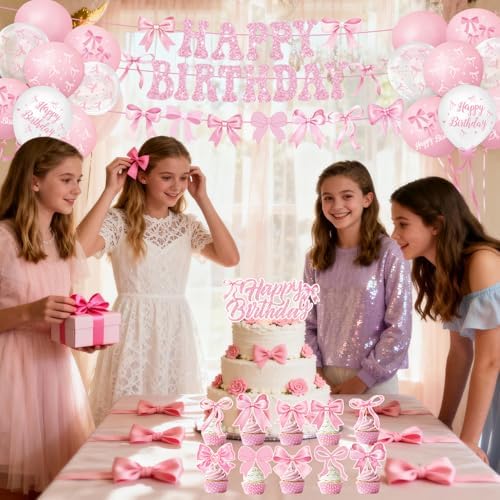 Pink Bow Birthday Decorations Include Plates, Napkins, Cups, Cutlery, Banner, Hanging Swirls, Cake & Cupcake Toppers, Balloons, Tablecloths for Coquette Birthday Decorations, Serves 20 - Image 3
