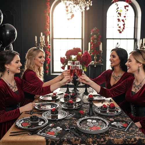 96Pcs Dark Romance Book Lover Skull Rose Black Gothic Party Plates Supplies Tableware Decorations Disposable Paper Plates Napkins Forks for Birthday, Serves 24 - Image 7