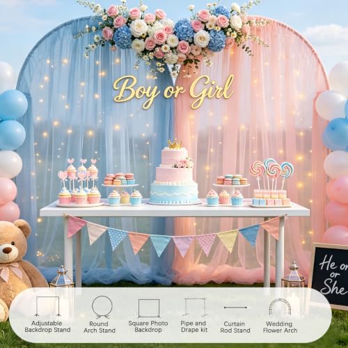 Pink Blue Sheer Tulle Backdrop Curtains with Lights String for Gender Reveal Baby Shower Decorations for Boy or Girl Birthday Party Photo Shoot Backdrop Background Decorations 2 Panels 5×10ft - Image 7