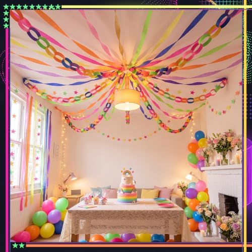 Frienda 300 Sheets Colorful Paper Chains Strips and 492 ft Crepe Paper Streamers, 52.8ft Gold Star Garlands Backdrop for Wedding Birthday Party Decorations DIY Crafts (Neon,Colorful) - Image 6