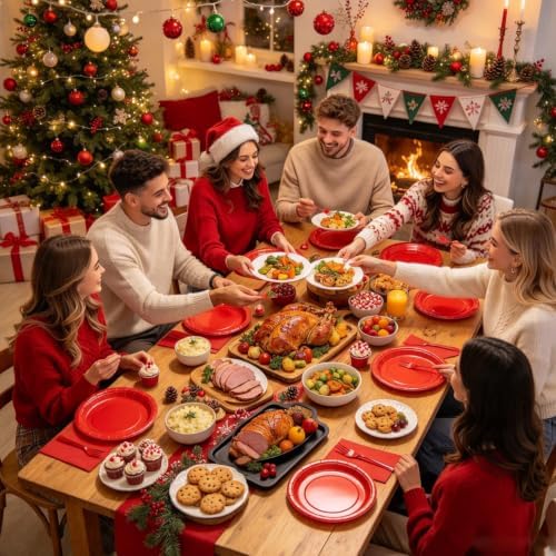 Red Paper Plates and Napkins Includes 7inch Red Dessert Plates,Napkins,Plastic Forks, Disposable Red Party Supplies for Christmas, Valentines Day, Birthday, Wedding, BBQ for 50 Guests - Image 5