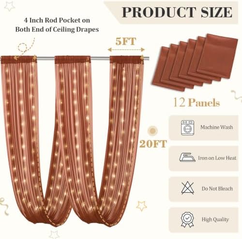 12 Panels Terracotta Ceiling Curtains with Lights for Weddings - 5ftx20ft Wrinkle-Free Tulle Fabric Wedding Arch Draping Ceiling Drapes Decorations for Wedding Party Ceremony Stage Tent Event - Image 4