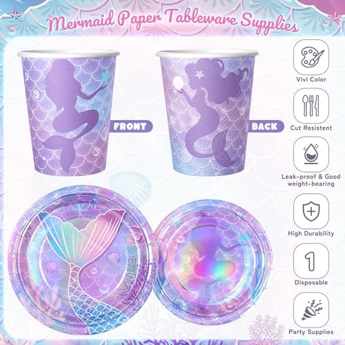168PCS Mermaid Party Supplies, Purple Mermaid Tableware Party Plates Set - Image 3