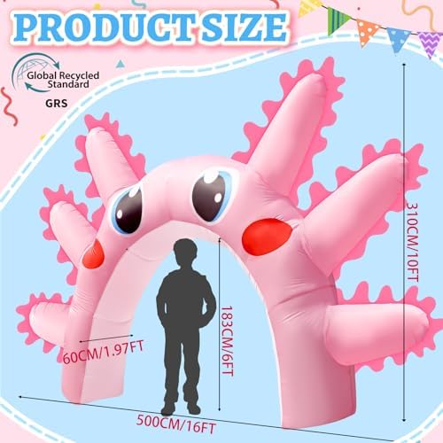 10x16FT Axolotl Inflatable Arch, Giant Pink Axolotl Birthday Party Backdrop Outdoor Yard Cartoon Archway Blow-Up Decoration with 1Blower 3Banners for Summer Beach Pool Party Supplies - Image 2