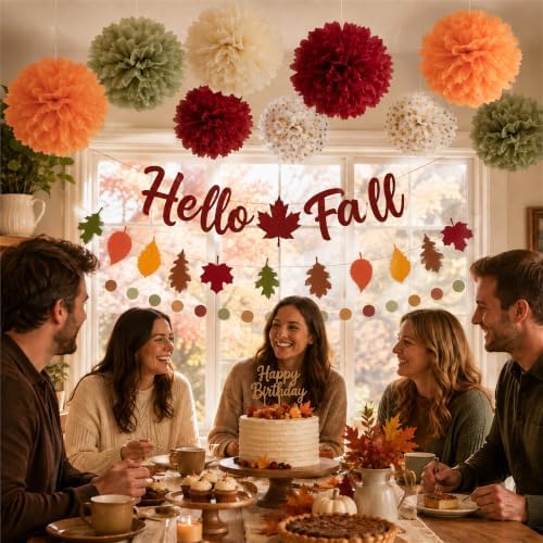 Fall Party Decorations Felt Hello Fall Leaves Garland Bnner for Home Office - Image 2