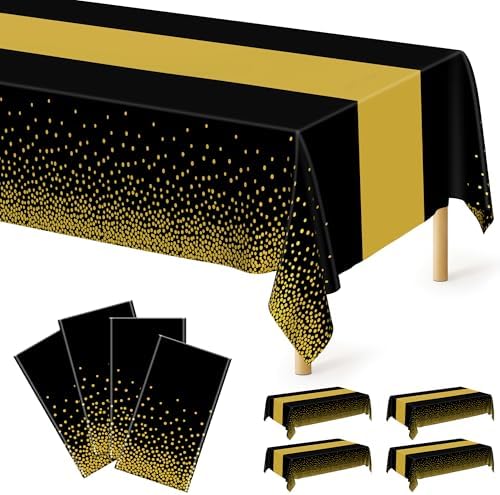 4Pack Black and Gold Tablecloths for Events, 54" x 108" Plastic Table Cloth Disposable for Rectangle Tables, Waterproof Table Cloth Cover for New Years Eve Decorations Holiday Birthday Wedding Dining by QZYL