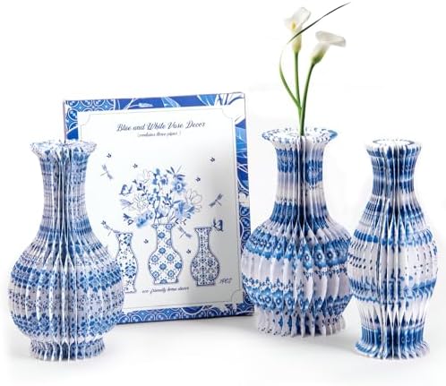 SUNBEAUTY 3 Pcs Blue and White Paper Honeycomb Vases, Mini Chinoiserie Vintage Paper Vase Set with Magnetic Closure, Chinese Style Table Centerpieces for Wedding,Baby Shower, Home & Party Decor by SUNBEAUTY