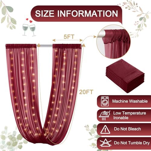Burgundy Ceiling Drapes with Lights for Weddings, 6 Panels 5ftx20ft Sheer Tulle Curtain Drapes for Wedding Ceremony Birthday Party Arch Decoration - Image 2