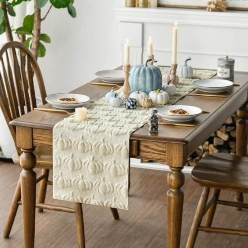 Artoid Mode Beige Soft Faux Fur Pumpkins Fall Table Runner 13x120 Inch - Image 3