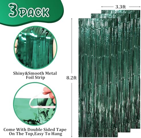 Voircoloria Retro Green Foil Fringe Backdrop Curtains, 3.3x6.6ft, 3pcs - Image 3