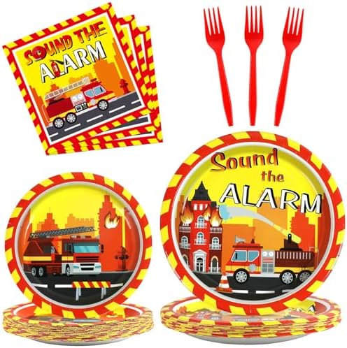 100 Pcs Firetruck Birthday Party Decorations Fireman Plates and Napkins for Firefighter Party Supplies Fire Truck Birthday Theme Disposable Dinnerware Set for Kids Fireman Party Favors Serve 25 by Qyeahkj