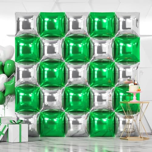 NISOCY 25PCS Green and Silver Square Foil Balloons Wall Backdrop by NISOCY