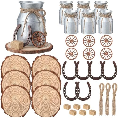 30 Pcs Western Party Decorations Mini Horseshoe Wagon Wheel Hay Bales Crafts Wooden Plate Farmhouse Vase Table Centerpieces Supplies for Western Birthday Wedding Party Favors Decor (Silver) by Unknown